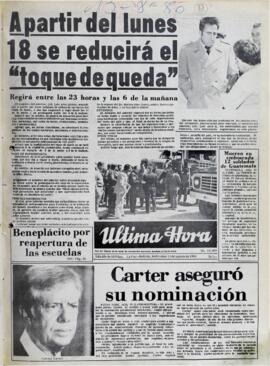 A PARTIR DEL LUNES 18 SE REDUCIRA EL "TOQUE DE QUEDA". REGIRA ENTRE LAS 23 HORAS Y LAS 6 DE LA MANANA. (1980, 13 de agosto). Ultima Hora [La Paz, Bolivia], p. 1.