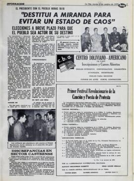 EL PRESIDENTE CON EL PUEBLO: HORAS 18:10 "DESTITUI A MIRANDA PARA EVITAR UN ESTADO DE CAOS" ELECCIONES A BREVE PLAZO PARA QUE EL PUEBLO SEA ACTOR DE SU DESTINO. (1970, 06 de octubre). Hoy [La Paz, Bolivia], p. 7.