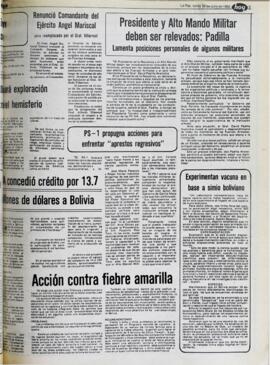 PRESIDENTE Y ALTO MANDO MILITAR DEBEN SER REVELADOS: PADILLA LAMENTA POSICIONES PERSONALES DE ALGUNOS MILITARES. (1982, 19 de julio). Hoy [La Paz, Bolivia], p. 5.