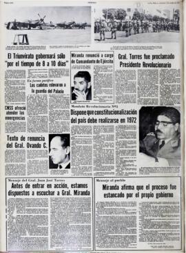 GRAL. TORRES FUE PROCLAMADO PRESIDENTE REVOLUCIONARIO. (1970, 07 de octubre). Presencia [La Paz, Bolivia], p. 4.