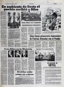 EN AMBIENTE DE FIESTA EL PUEBLO RECIBIÓ A SILES. (1982, 09 de octubre). Meridiano [La Paz, Bolivia], p. 5.