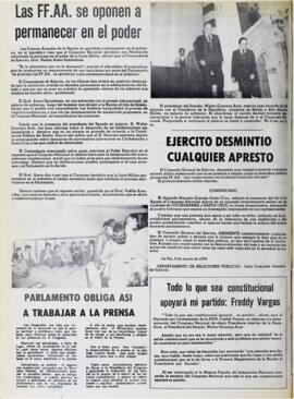 EJERCITO DESMINTIO CUALQUIER APRESTO. (1979, 07 de agosto). Hoy [La Paz, Bolivia], p. 16.