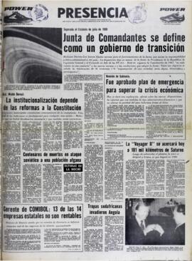 SUPERADO EL ESTATUTO DE JULIO DE 1980. JUNTA DE COMANDANTES SE DEFINE COMO UN GOBIERNO DE TRANSICIÓN. (1981, 26 de agosto). Presencia [La Paz, Bolivia], p. 1.