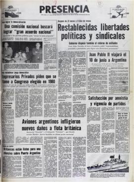 DESPUÉS DE 22 MESES Y 9 DÍAS DE RECESO. RESTABLECIDAS LIBERTADES POLÍTICAS Y SINDICALES. (1982, 27 de mayo). Presencia [La Paz, Bolivia], p. 1.