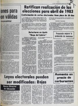 RATIFICAN REALIZACIÓN DE LAS ELECCIONES PARA ABRIL DE 1983. (1982, 24 de agosto). Hoy [La Paz, Bolivia], p. 7.