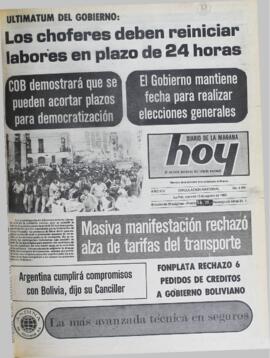 MASIVA MANIFESTACIÓN RECHAZÓ ALZA DE TARIFAS DEL TRANSPORTE. (1982, 13 de agosto). Hoy [La Paz, Bolivia], p. 1.