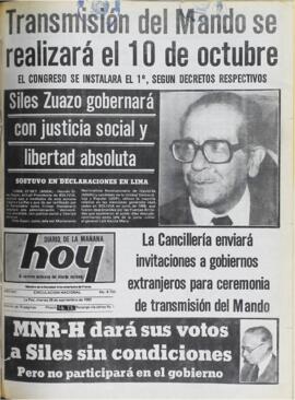 SILES ZUAZO GOBERNARÁ CON JUSTICIA SOCIAL Y LIBERTAD ABSOLUTA. (1982, 28 de septiembre). Hoy [La Paz, Bolivia], p. 1.