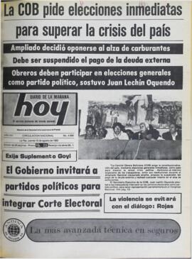 LA COB PIDE ELECCIONES INMEDIATAS PARA SUPERAR LA CRISIS DEL PAÍS. (1982, 12 de agosto). Hoy [La Paz, Bolivia], p. 1.