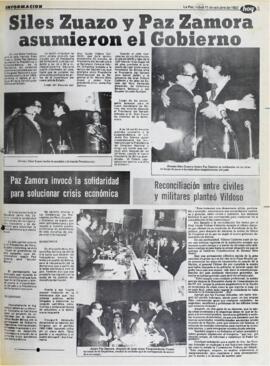 SILES ZUAZO Y PAZ ZAMORA ASUMIERON EL GOBIERNO. (1982, 11 de octubre). Hoy [La Paz, Bolivia], p. 3.