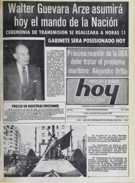 WALTER GUEVARA ARZE ASUMIRÁ HOY EL MANDO DE LA NACIÓN. (1979, 08 de agosto). Hoy [La Paz, Bolivia], p. 1.