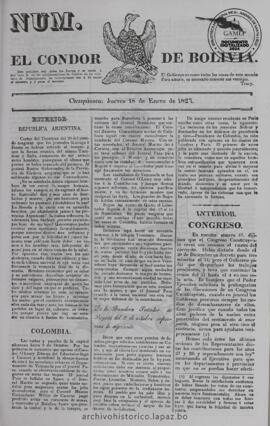 El Condor de Bolivia, edición del 18 de enero de 1827