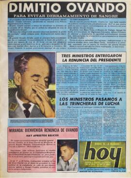 MIRANDA: BIENVENIDA RENUNCIA DE OVANDO, HAY APRESTOS BELICOS. (1970, 06 de octubre). Hoy [La Paz, Bolivia], p. 1.