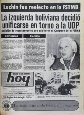 LECHÍN FUE REELECTO EN LO FSTMB. (1982, 29 de agosto). Hoy [La Paz, Bolivia], p. 1.