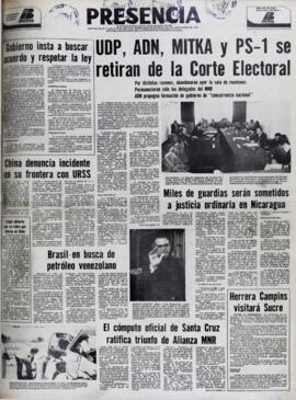 UDP, ADN, MITKA Y PS-1 SE RETIRAN DE LA CORTE ELECTORAL. (1979, 25 de julio). Presencia [La Paz, Bolivia], p. 1.