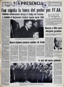 NUEVO RÉGIMEN PROMETE CAMBIOS DE FONDO. (1969, 27 de septiembre). Presencia [La Paz, Bolivia], p. 1.