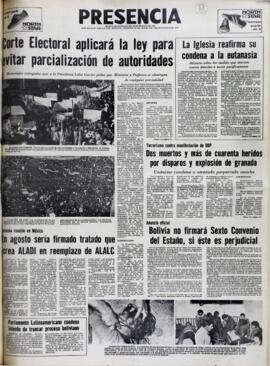 TERRORISMO CONTRA MANIFESTACIÓN DE UDP. DOS MUERTOS Y MÁS DE CUARENTA HERIDOS POR DISPAROS Y EXPLOSIÓN DE GRANAD. (1980, 27 de junio). Presencia [La Paz, Bolivia], p. 1.