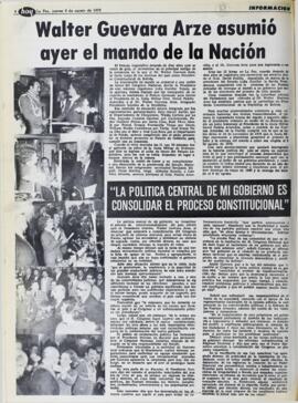 "LA POLÍTICA CENTRAL DE MI GOBIERNO ES CONSOLIDAR EL PROCESO CONSTITUCIONAL". (1979, 09 de agosto). Hoy [La Paz, Bolivia], p. 4.