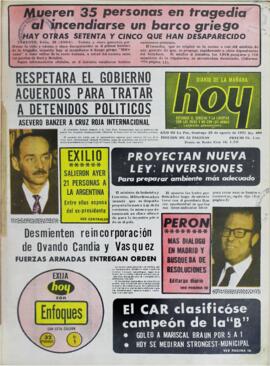 RESPETARA EL GOBIERNO ACUERDOS PARA TRATAR A DETENIDOS POLITICOS. ASEVERO BANZER A CRUZ ROJA INTERNACIONAL. (1971, 29 de agosto). Hoy [La Paz, Bolivia], p. 1,9.