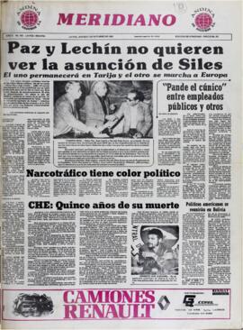 PAZ Y LECHÍN NO QUIEREN VER LA ASUNCIÓN DE SILES. (1982, 07 de octubre). Meridiano [La Paz, Bolivia], p. 1.