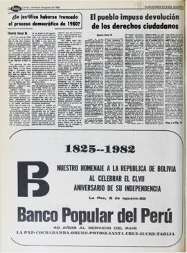 ¿SE JUSTIFICA HABERSE TRUNCADO EL PROCESO DEMOCRÁTICO DE 1980?. (1982, 06 de agosto). Hoy [La Paz, Bolivia], p. 12.