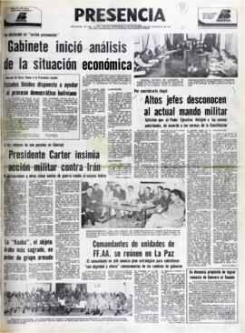 POR CONSIDERARLO ILEGAL. ALTOS JEFES DESCONOCEN AL ACTUAL MANDO MILITAR. (1979, 21 de noviembre). Presencia [La Paz, Bolivia], p. 1.