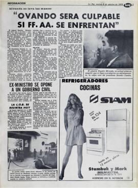 EX-MINISTRO SE OPONE A UN GOBIERNO CIVIL. (1970, 06 de octubre). Hoy [La Paz, Bolivia], p. 3.