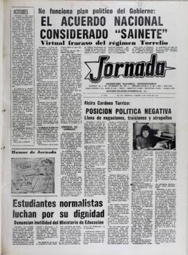 NO FUNCIONA PLAN POLÍTICO DEL GOBIERNO: EL ACUERDO NACIONAL CONSIDERADO "SAINETE",  VIRTUAL FRACASO DEL RÉGIMEN TORRELIO. (1982, 03 de julio). Jornada [La Paz, Bolivia], p. 1.