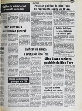 ALTO MANDO: POSICIÓN POLÍTICA DE RICO TORO NO REPRESENTA SENTIR DE FFAA. (1982, 18 de julio). Hoy [La Paz, Bolivia], p. 7.