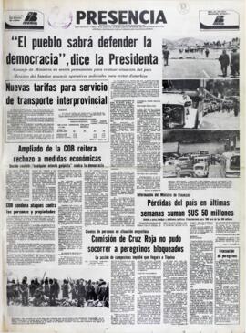 "EL PUEBLO SABRÁ DEFENDER LA DEMOCRACIA", DICE LA PRESIDENTA. (1979, 06 de diciembre). Presencia [La Paz, Bolivia], p. 1.