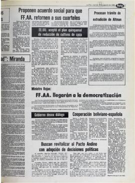 PROPONEN ACUERDO SOCIAL PARA QUE FF.AA. RETORNEN A SUS CUARTELES. (1982, 10 de agosto). Hoy [La Paz, Bolivia], p. 7.