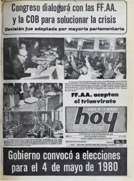 CONGRESO DIALOGARA CON LAS FF. AA. Y LA COB PARA SOLUCIONAR LA CRISIS. DECISION FUE ADOPTADA POR MAYORIA PARLAMENTARIA. (1979, 10 de noviembre). Hoy [La Paz, Bolivia], p. 1.