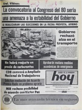 GOBIERNO RECHAZÓ ALZA EN EL TRANSPORTE. (1982, 03 de agosto). Hoy [La Paz, Bolivia], p. 1.