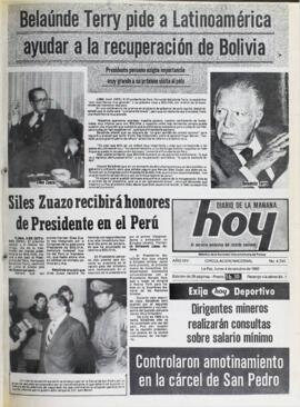 BELAÚNDE TERRY PIDE A LATINOAMÉRICA AYUDAR A LA RECUPERACIÓN DE BOLIVIA. (1982, 04 de octubre). Hoy [La Paz, Bolivia], p. 1.
