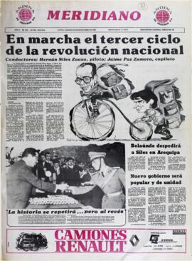 EN MARCHA EL TERCER CICLO DE LA REVOLUCIÓN NACIONAL. (1982, 06 de octubre). Meridiano [La Paz, Bolivia], p. 1.