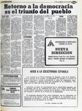 RETORNO A LA DEMOCRACIA EL TRIUNFO DEL PUEBLO. (1982, 07 de octubre). Hoy [La Paz, Bolivia], p. 5.