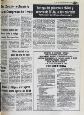 ENTREGA DEL GOBIERNO A CIVILES Y RETORNO DE FF.AA. A SUS CUARTELES. (1982, 01 de agosto). Hoy [La Paz, Bolivia], p. 7.