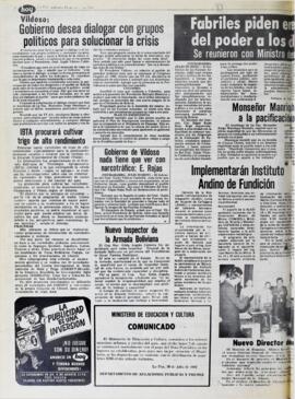 VILDOSO: GOBIERNO DESEA DIALOGAR CON GRUPOS POLÍTICOS PARA SOLUCIONAR LA CRISIS. (1982, 31 de julio). Hoy [La Paz, Bolivia], p. 6.