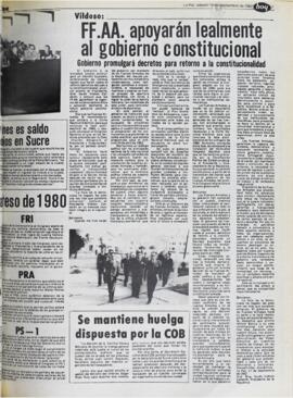 VILDOSO: FFAA APOYARÁN LEALMENTE AL GOBIERNO CONSTITUCIONAL. (1982, 18 de septiembre). Hoy [La Paz, Bolivia], p. 7.