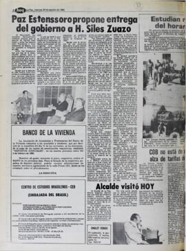 PAZ ESTENSSORO PROPONE ENTREGA DEL GOBIERNO A H. SILES ZUAZO. (1982, 20 de agosto). Hoy [La Paz, Bolivia], p. 1.