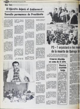 RICO TORO: EL EJÉRCITO DEJARÁ EL GOBIERNO SI TORRELIO PERMANECE DE PRESIDENTE. (1982, 18 de julio). Hoy [La Paz, Bolivia], p. 6.