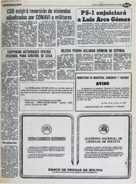 COD EXIGIRÁ REVERSIÓN DE VIVIENDAS ADJUDICADAS POR CONAVI A MILITARES. (1982, 29 de octubre). Hoy [La Paz, Bolivia], p. 5.