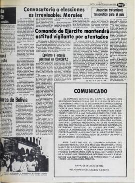 COMANDO DE EJERCITO MANTENDRÁ ACTITUD VIGILANTE POR ATENTADOS. (1982, 29 de julio). Hoy [La Paz, Bolivia], p. 7.