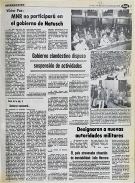 VICTOR PAZ: MNR NO PARTICIPARÁ EN EL GOBIERNO DE NATUSCH. (1979, 02 de noviembre). Hoy [La Paz, Bolivia], p. 19.