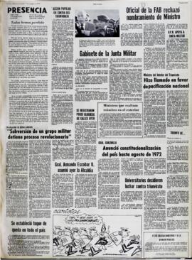 DECLARACIÓN DE ÚLTIMO GABINETE "SUBVERSIÓN DE UN GRUPO MILITAR DETIENE PROCESO REVOLUCIONARIO". (1970, 07 de octubre). Presencia [La Paz, Bolivia], p. 5.