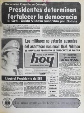 DECLARACIÓN CONJUNTA EN COLOMBIA: PRESIDENTES DETERMINAN FORTALECER LA DEMOCRACIA. (1982, 08 de agosto). Hoy [La Paz, Bolivia], p. 1.