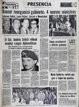 BANZER REORGANIZÓ GABINETE: 4 NUEVOS MINISTROS. (1971, 29 de diciembre). Presencia [La Paz, Bolivia], p. 1.