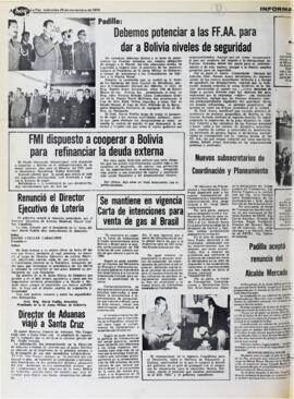 PADILLA: DEBEMOS POTENCIAR A LAS FFAA PARA DAR A BOLIVIA NIVELES DE SEGURIDAD. (1978, 29 de noviembre). Hoy [La Paz, Bolivia], p. 8.