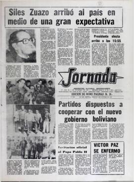 SILES ZUAZO ARRIBÓ AL PAÍS EN MEDIO DE UNA GRAN EXPECTATIVA. (1982, 08 de octubre). Jornada [La Paz, Bolivia], p. 1.
