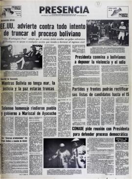 PRESIDENTA CONMINA A BOLIVIANOS A DEPONER LA VIOLENCIA Y EL ODIO. (1980, 05 de junio). Presencia [La Paz, Bolivia], p. 1.