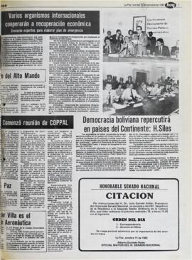 DEMOCRACIA BOLIVIANA REPERCUTIRÁ EN PAÍSES DEL CONTINENTE: H. SILES. (1982, 12 de octubre). Hoy [La Paz, Bolivia], p. 7.
